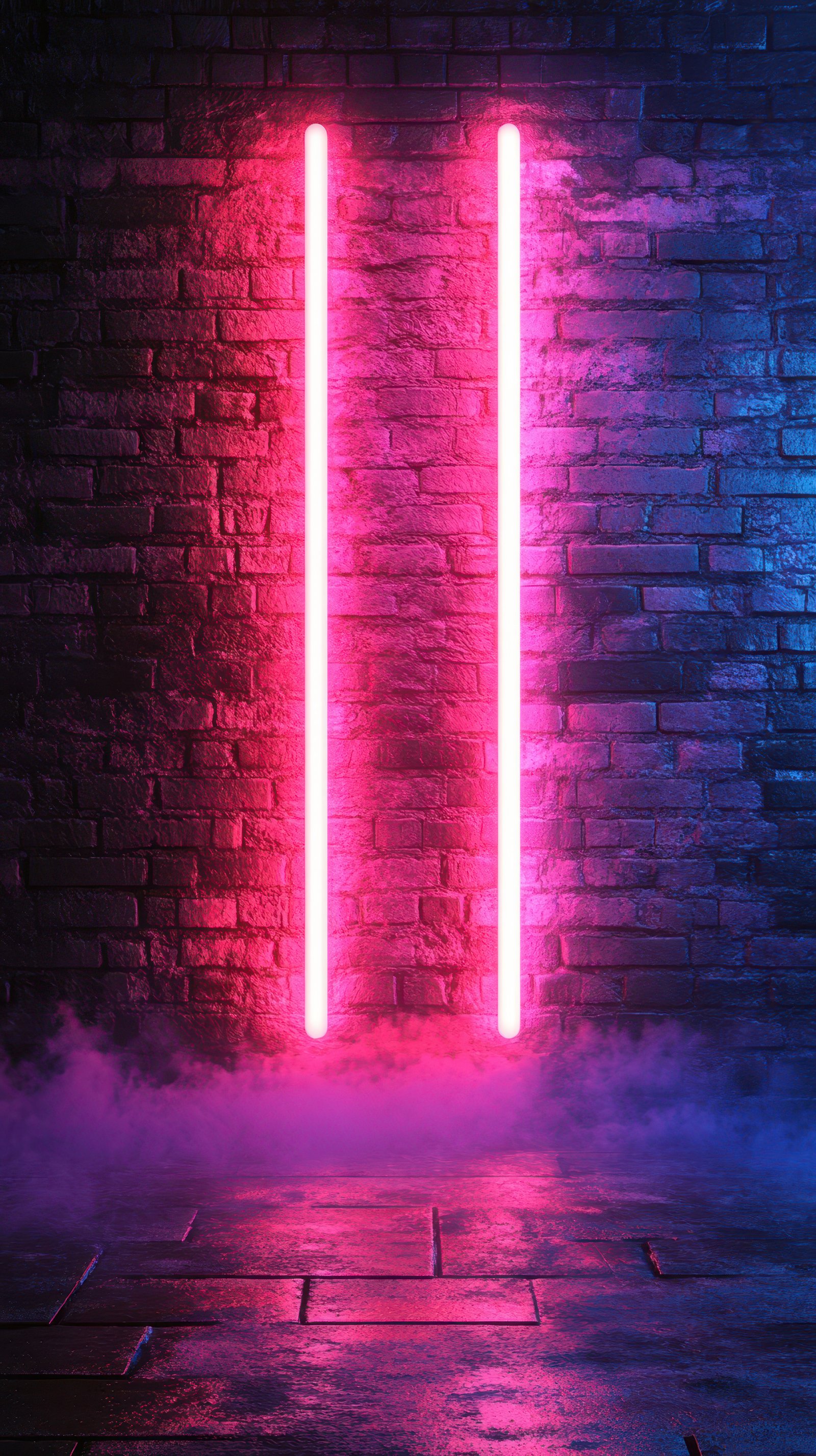 Neon lights illuminate a brick wall in a mysterious urban setting with fog creeping in during the evening